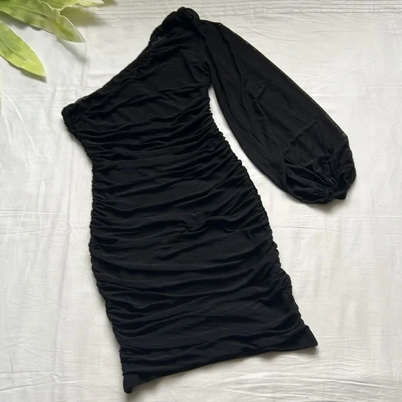 NWT LOGENE One Shoulder Puff Long Sleeve Ruched Bodycon Mini Dress - Picture 5 of 9